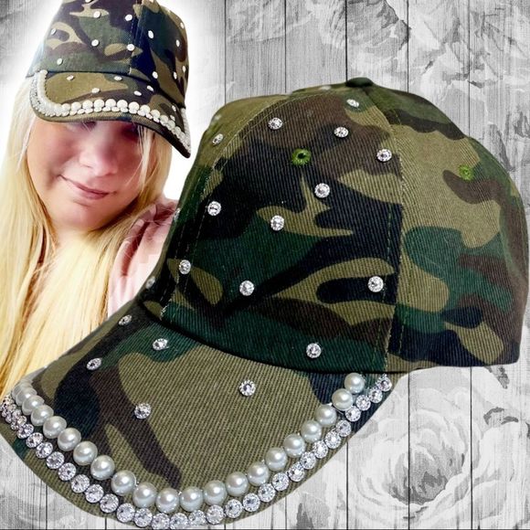 Camo Bling Rhinestone & Pearl Embellished Baseball Cap Hat NEW - Picture 4 of 12